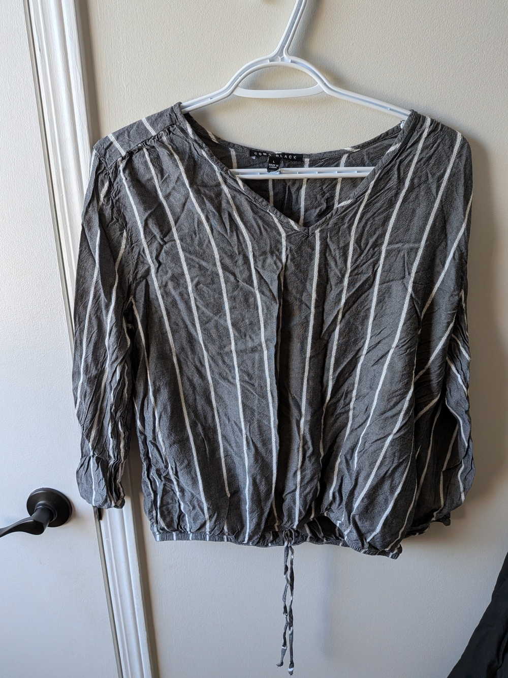 Striped V-Neck Drawstring Blouse - Charcoal Gray